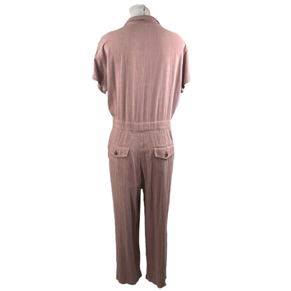 Free People Margot Pink Linen Short Sleeve Button Straight Leg Romper Jumpsuit M - Picture 2 of 5